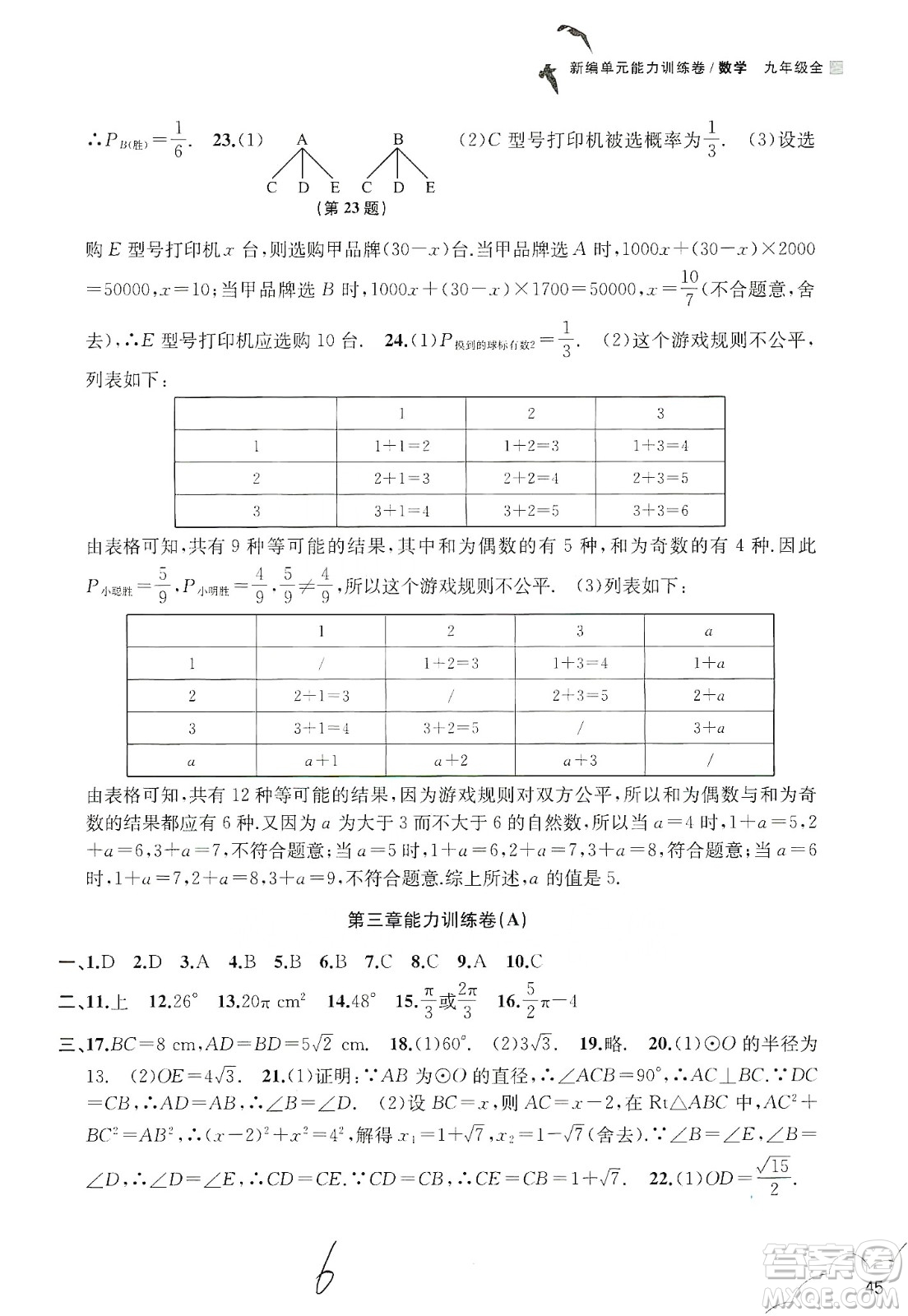 浙江教育出版社2019新編單元能力訓(xùn)練卷數(shù)學(xué)九年級(jí)全一冊(cè)答案