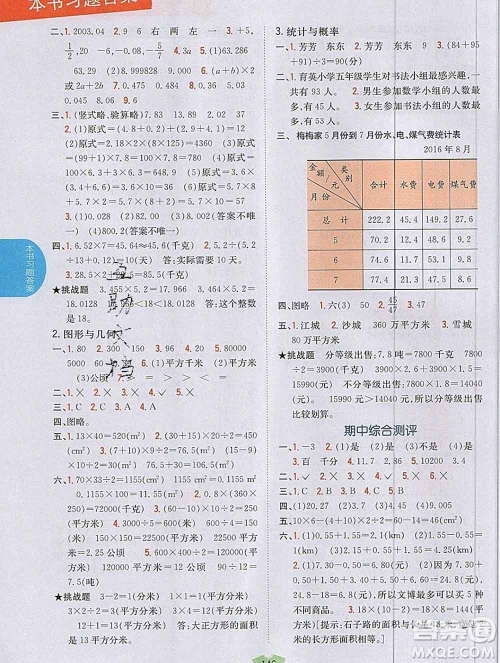 吉林人民出版社2019年小學教材全解讀五年級數(shù)學上冊江蘇版答案
