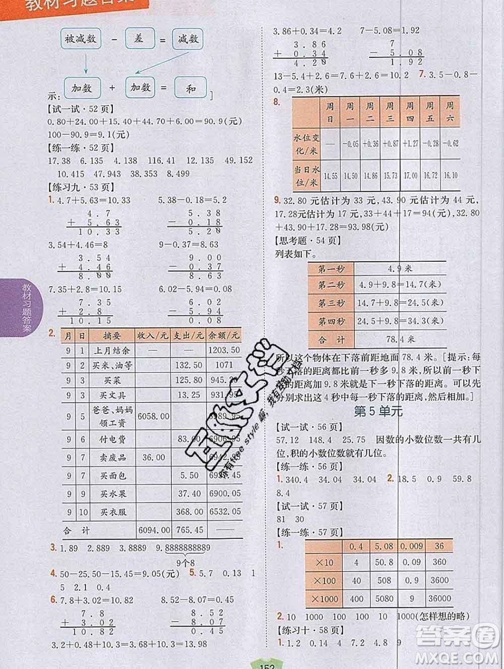 吉林人民出版社2019年小學教材全解讀五年級數(shù)學上冊江蘇版答案