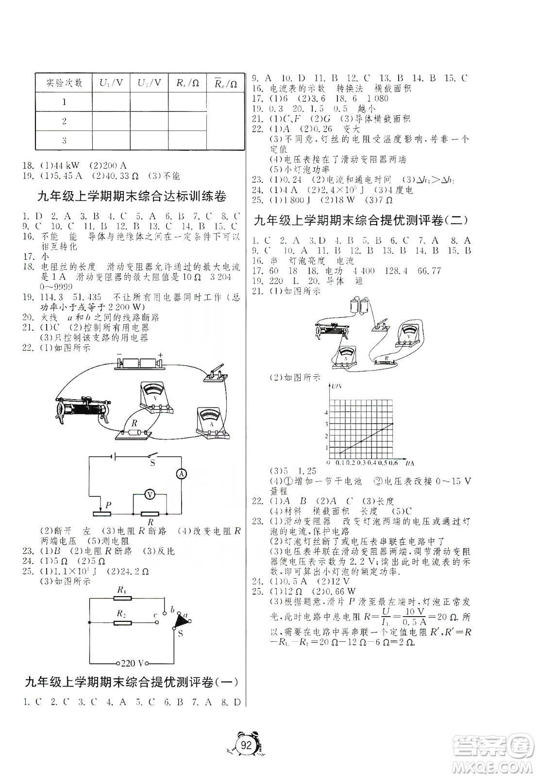 山東人民出版社2019初中單元測(cè)試卷九年級(jí)物理上冊(cè)魯教版答案