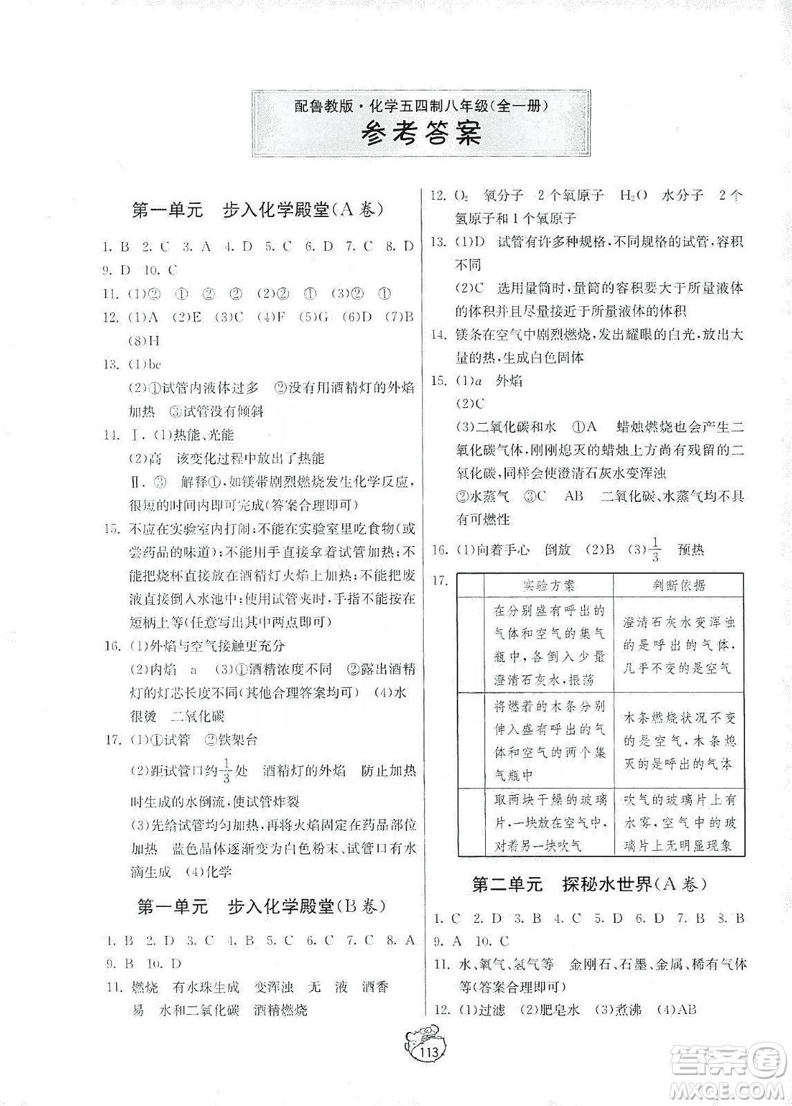 山東人民出版社2019初中單元測試卷八年級化學全一冊54學制魯教版答案