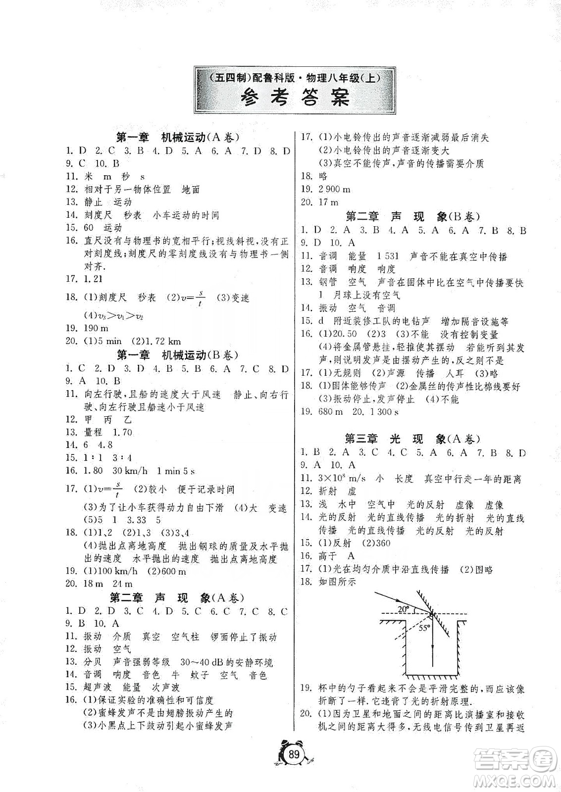 山東人民出版社2019初中單元測試卷八年級物理上冊魯科版答案