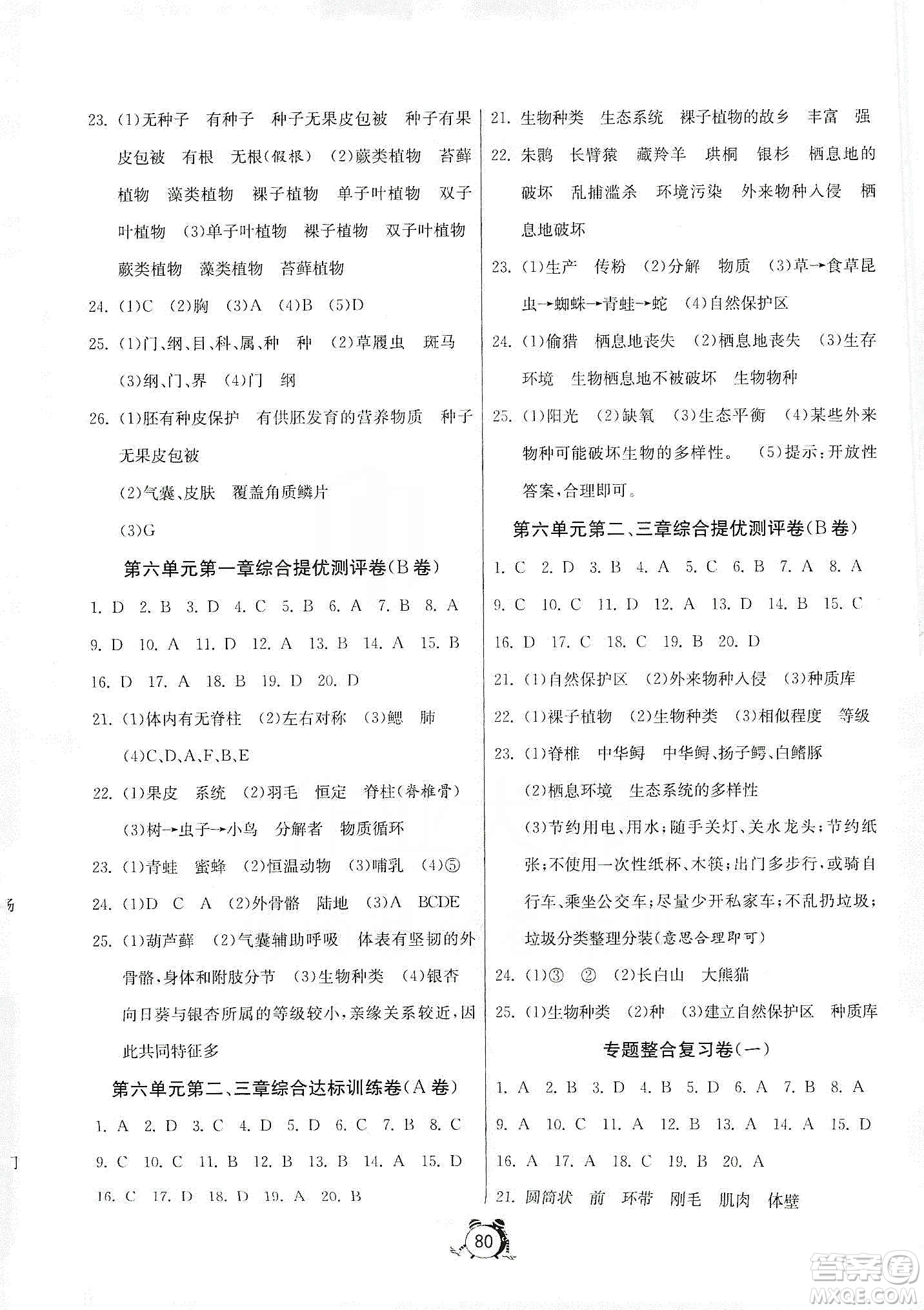 山東人民出版社2019初中單元測試卷八年級生物學上冊人教版答案