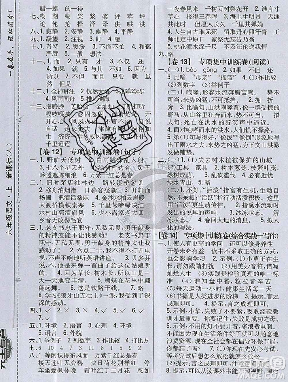 2019年小學(xué)教材完全考卷六年級(jí)語文上冊(cè)人教版答案