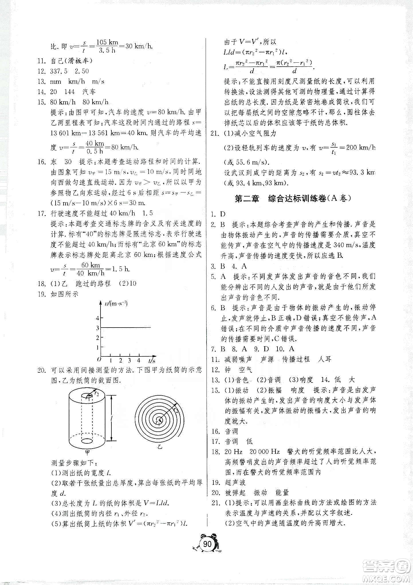 山東人民出版社2019初中單元測(cè)試卷八年級(jí)物理上冊(cè)人教版答案