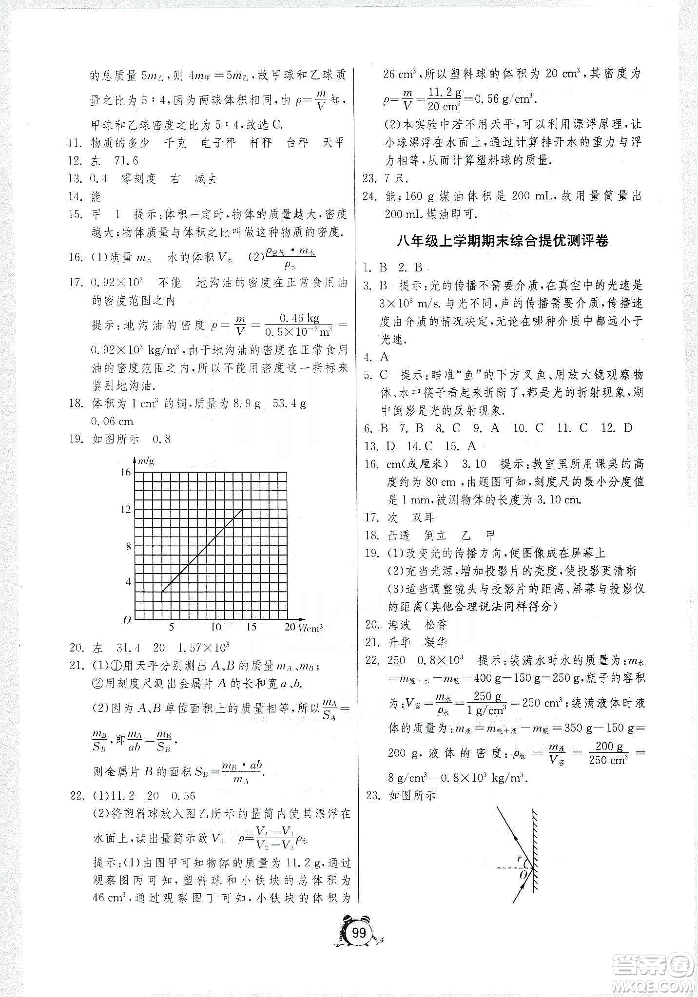 山東人民出版社2019初中單元測(cè)試卷八年級(jí)物理上冊(cè)人教版答案