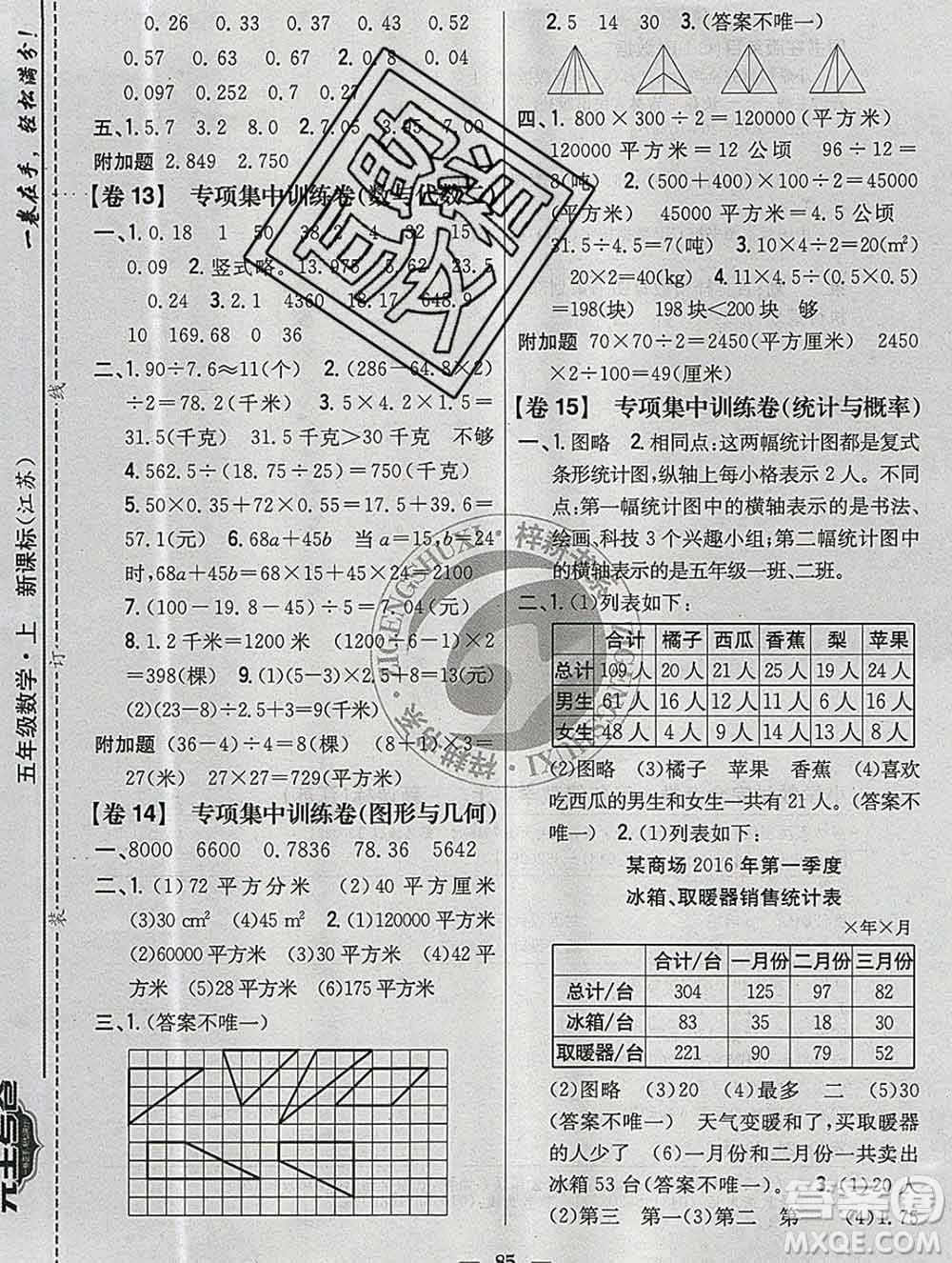 2019年小學(xué)教材完全考卷五年級(jí)數(shù)學(xué)上冊(cè)江蘇版答案