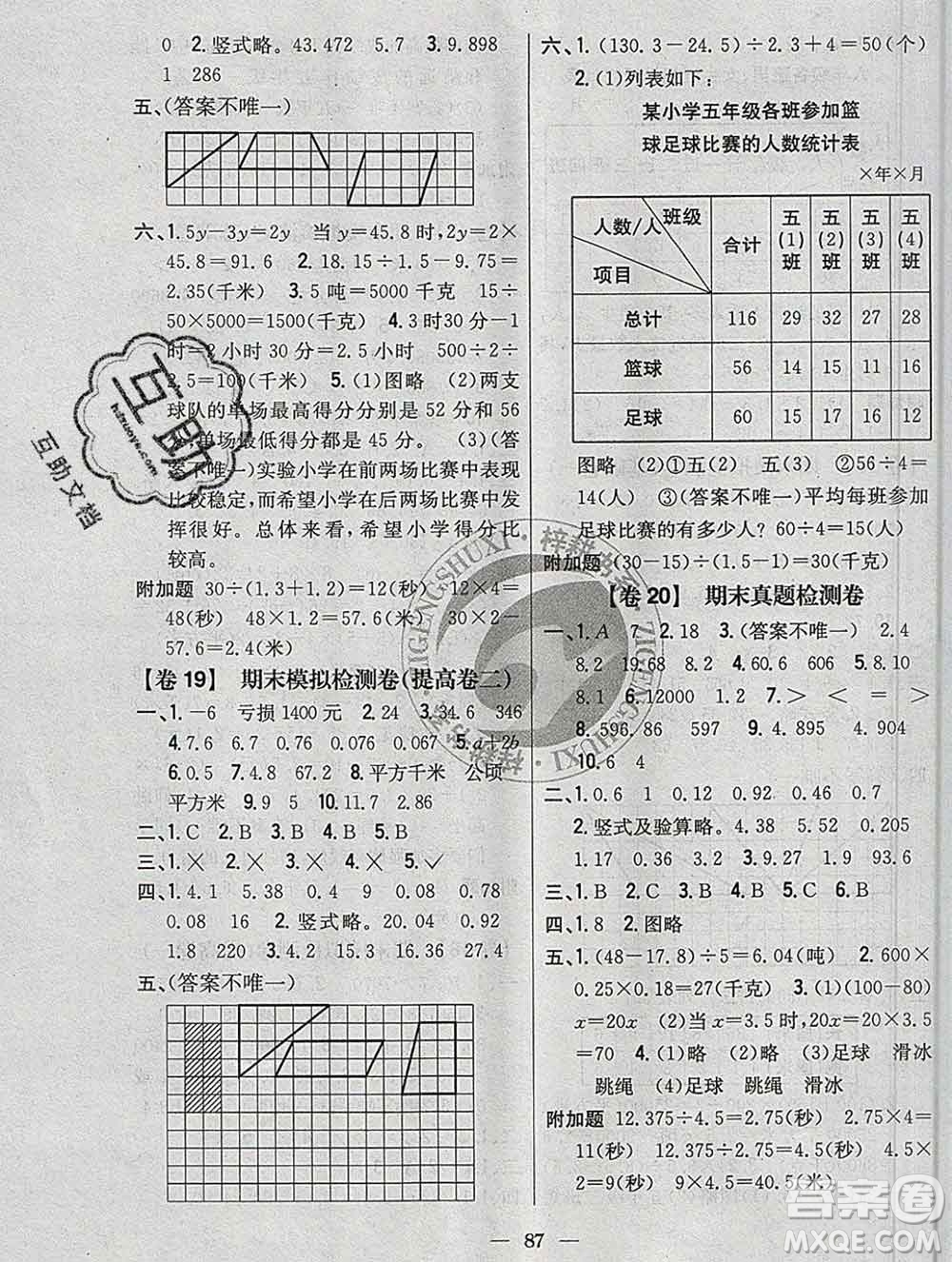 2019年小學(xué)教材完全考卷五年級(jí)數(shù)學(xué)上冊(cè)江蘇版答案