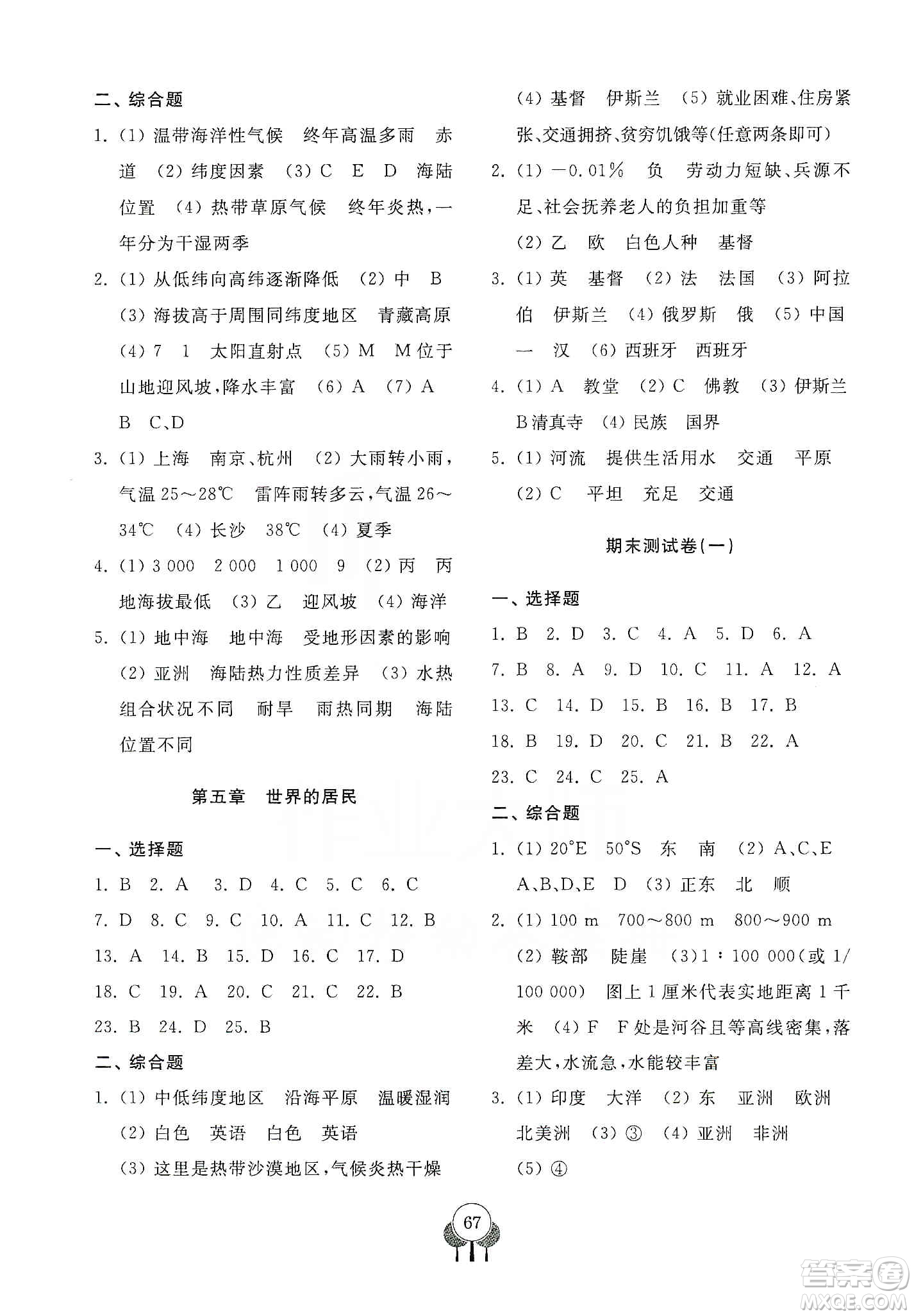 齊魯書(shū)社2019初中單元測(cè)試卷七年級(jí)數(shù)學(xué)上冊(cè)商務(wù)星球版答案