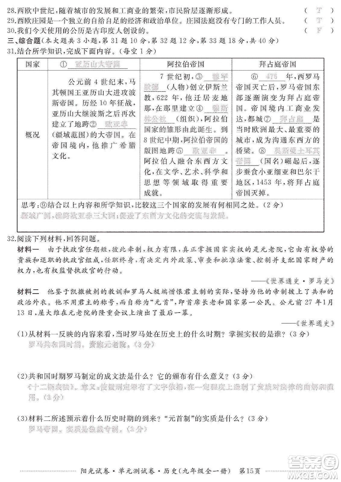 江西高校出版社2019陽光試卷單元測試卷九年級歷史全一冊人教版答案