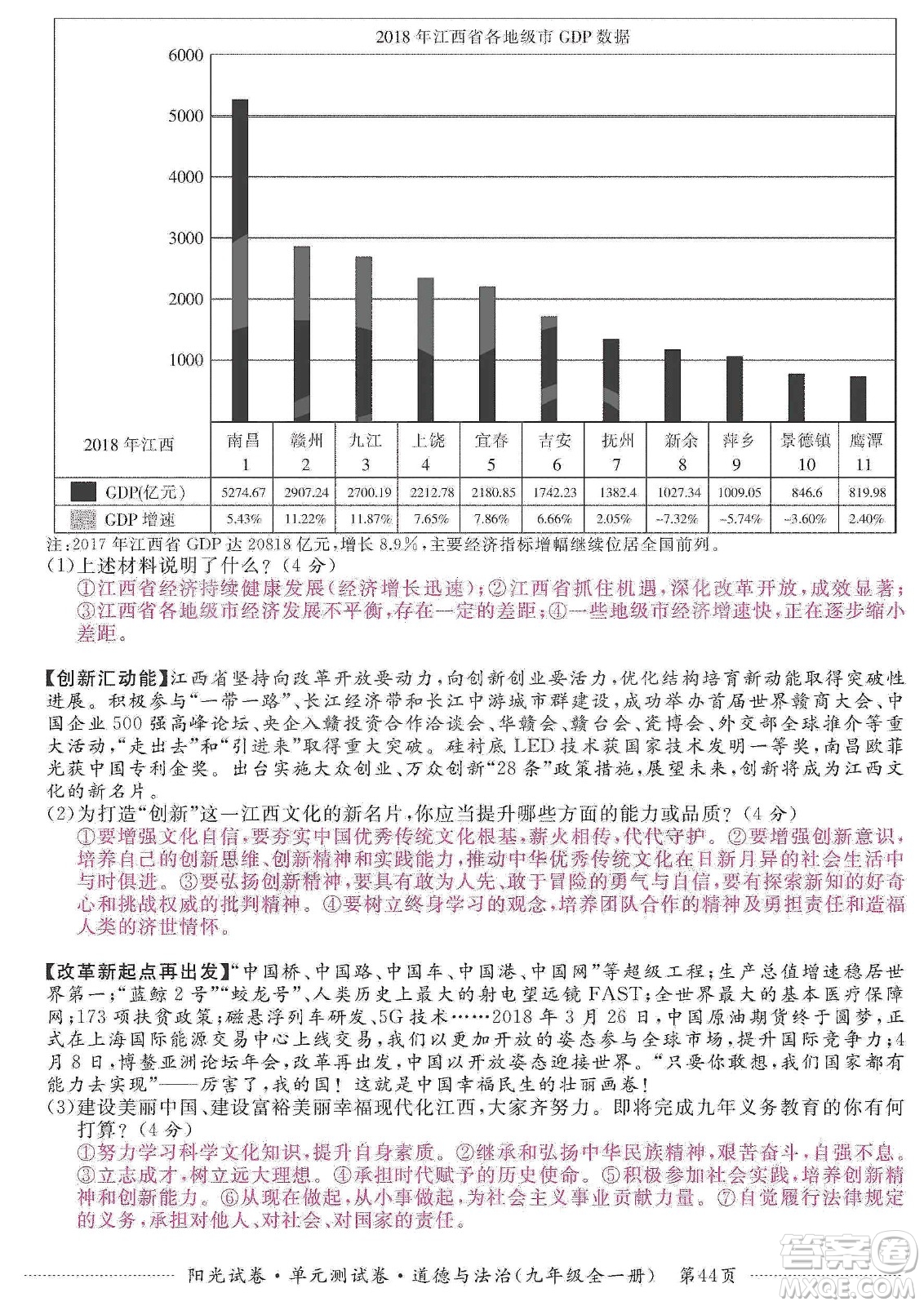 江西高校出版社2019陽光試卷單元測(cè)試卷九年級(jí)道德與法治全一冊(cè)人教版答案