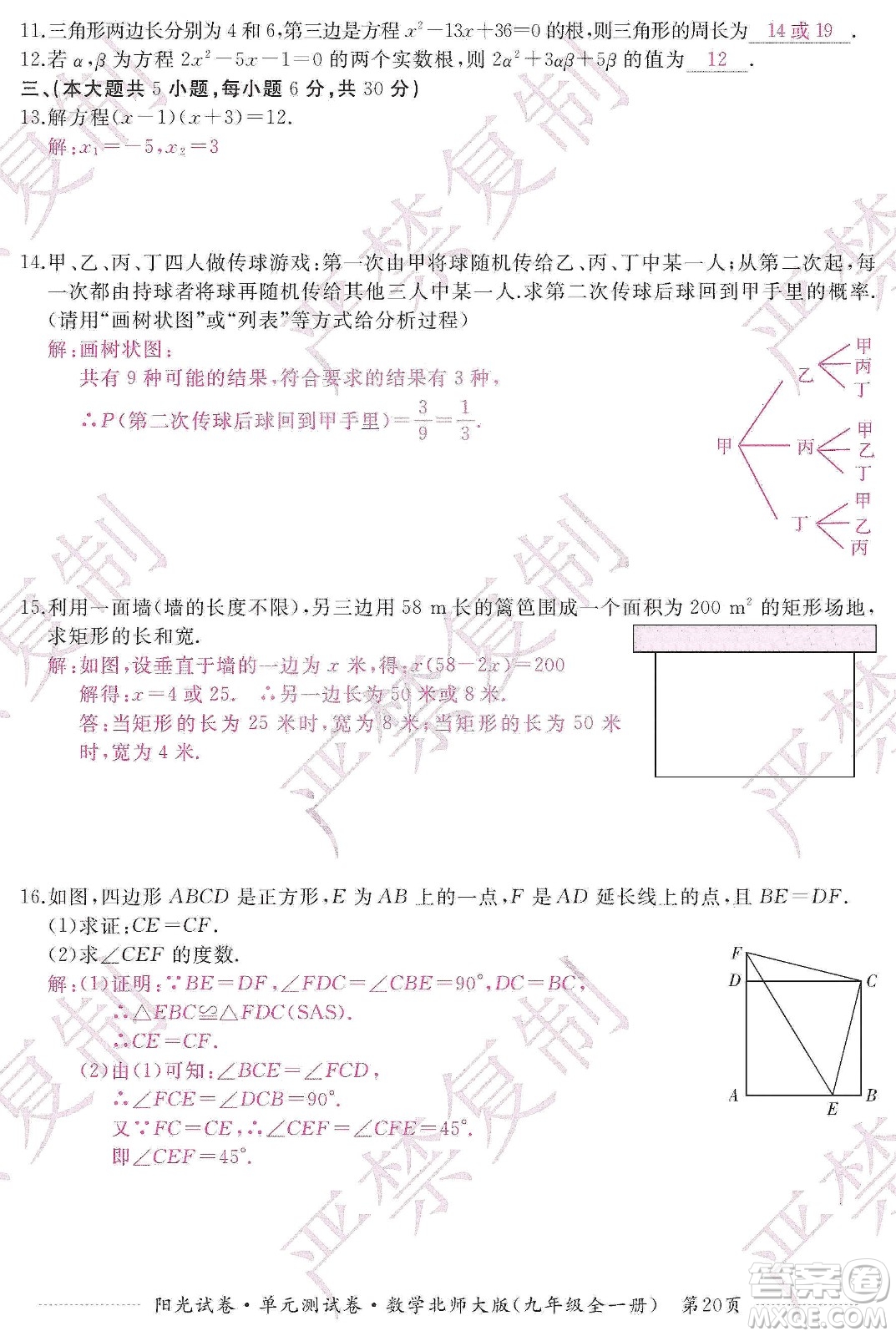 江西高校出版社2019陽光試卷單元測(cè)試卷九年級(jí)數(shù)學(xué)全一冊(cè)北師大版答案