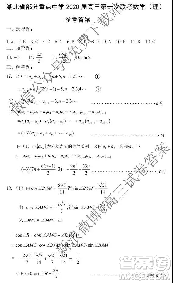 湖北部分重點中學2020屆高三第一次大聯(lián)考理科數(shù)學試題及答案