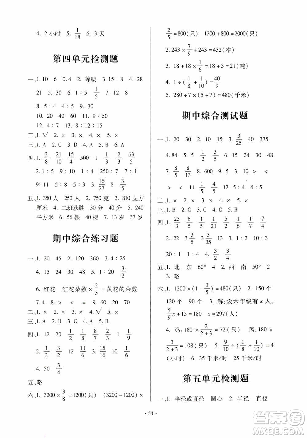 2019一課三練單元測試數(shù)學六年級上冊答案