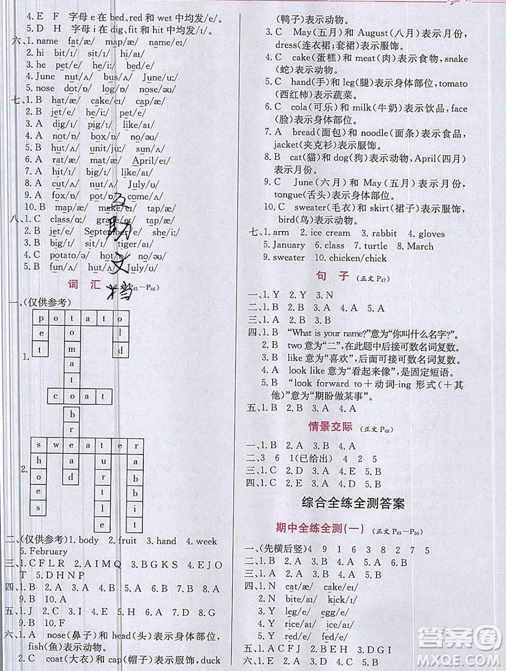 陜西人民教育出版社2019年小學教材全練三年級英語上冊人教版一起答案