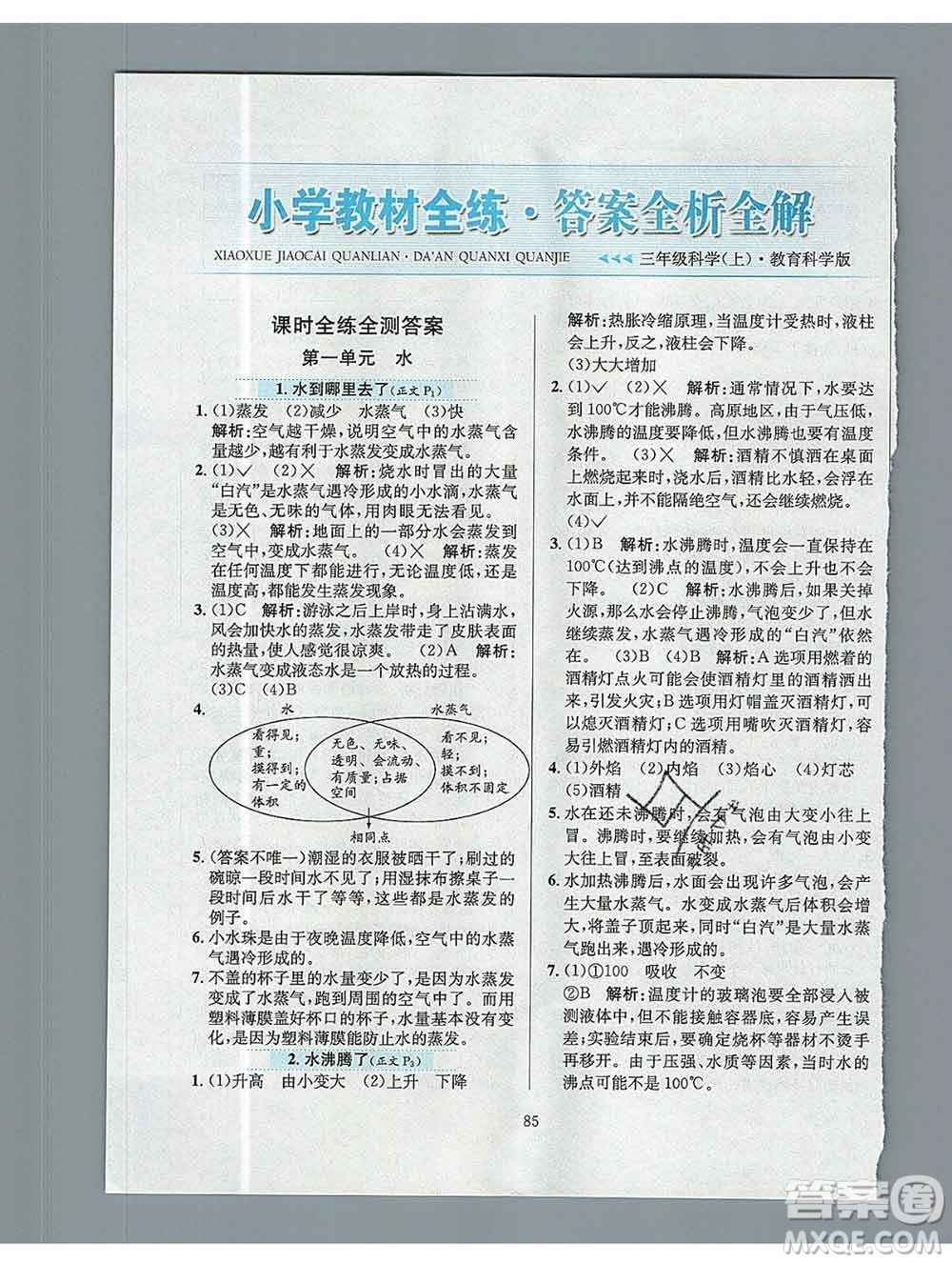 陜西人民教育出版社2019年小學教材全練三年級科學上冊教科版答案