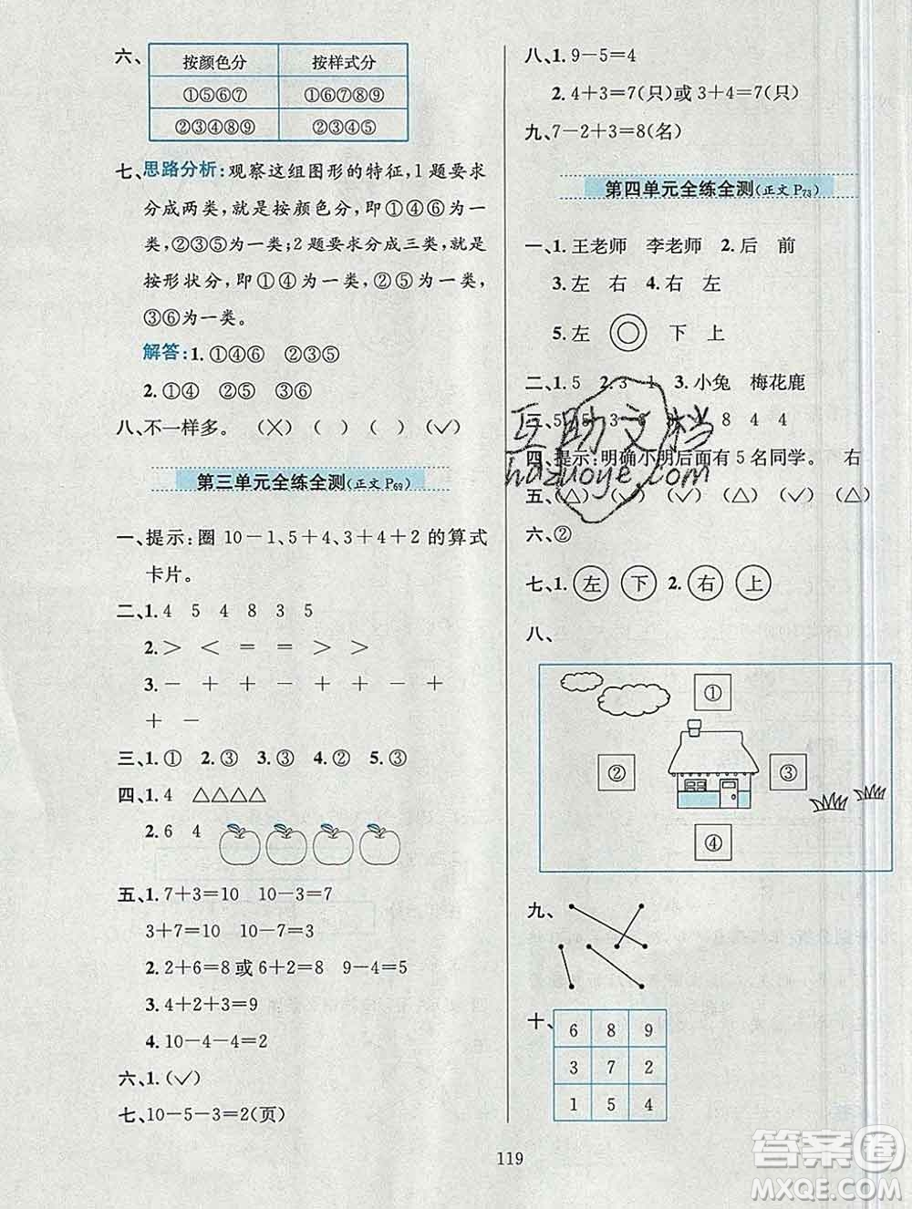 陜西人民教育出版社2019年小學(xué)教材全練一年級(jí)數(shù)學(xué)上冊(cè)青島版六三制答案