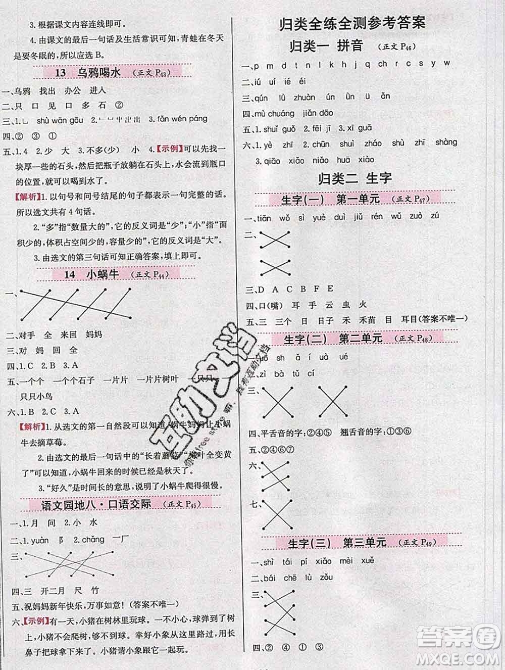 陜西人民教育出版社2019年小學(xué)教材全練一年級(jí)語(yǔ)文上冊(cè)人教版答案