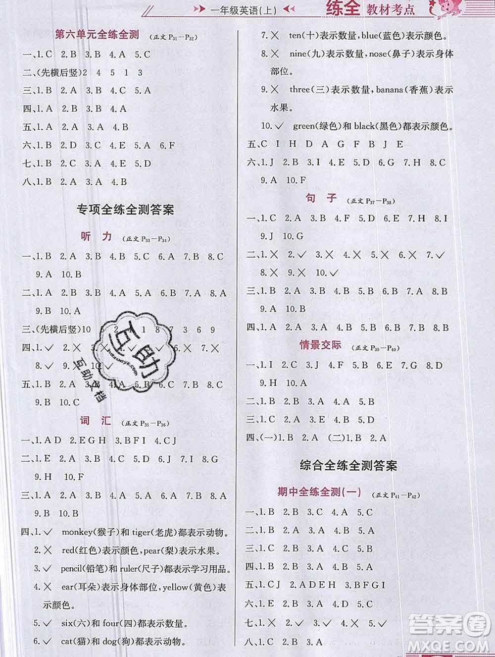 陜西人民教育出版社2019年小學(xué)教材全練一年級(jí)英語(yǔ)上冊(cè)人教版一起答案