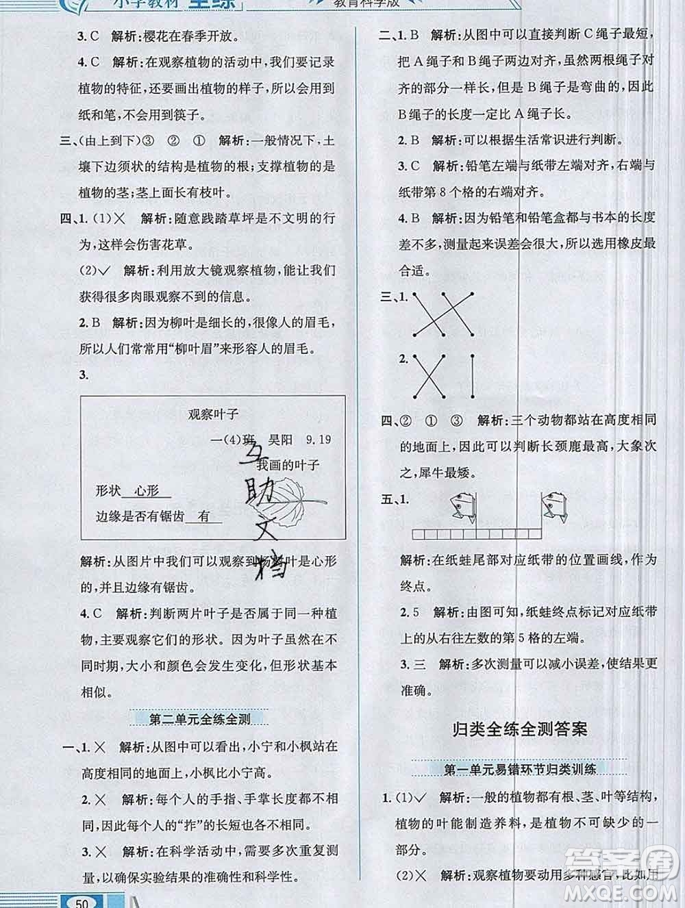 陜西人民教育出版社2019年小學(xué)教材全練一年級(jí)科學(xué)上冊教科版答案