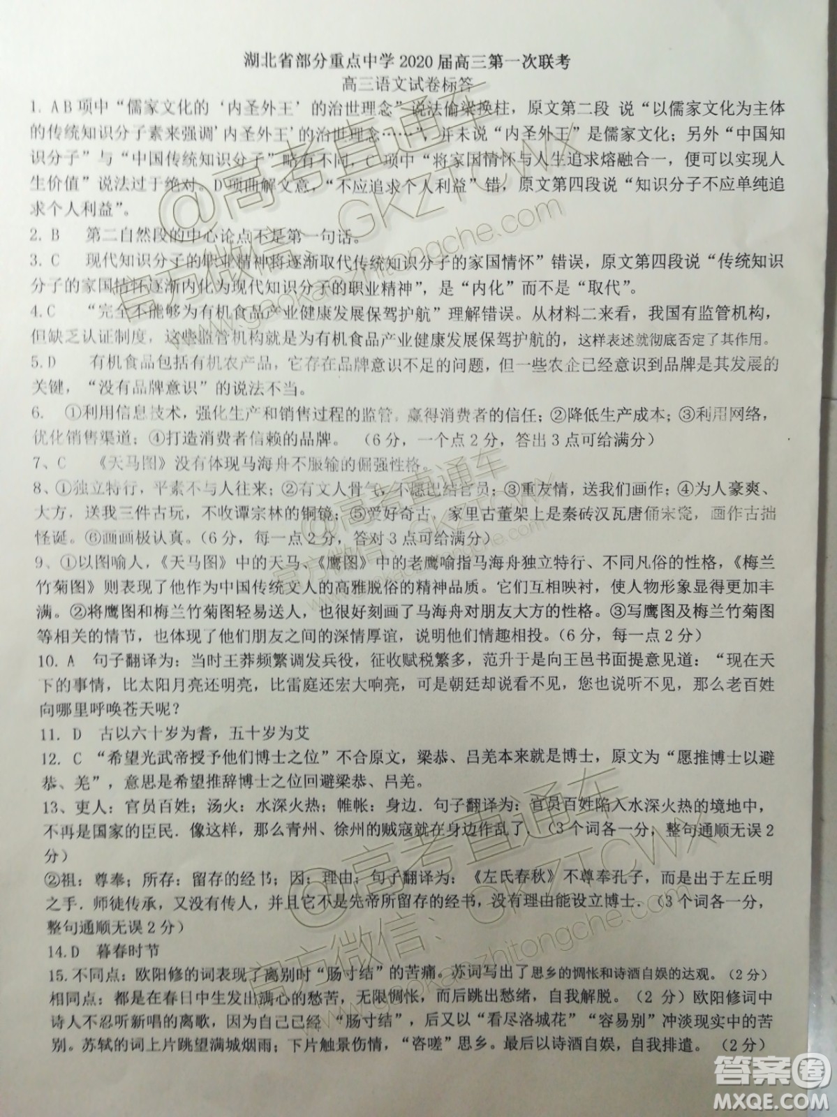 湖北部分重點(diǎn)中學(xué)2020屆高三第一次大聯(lián)考語(yǔ)文試題及答案