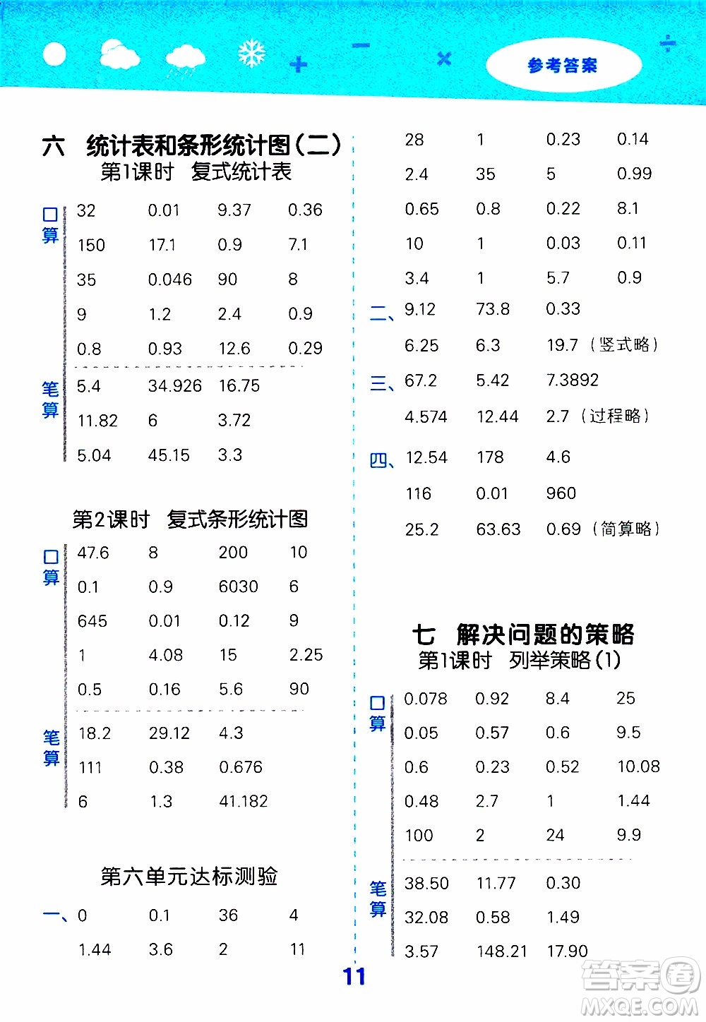 小兒郎2019秋季小學口算大通關數(shù)學五年級上冊SJ蘇教版參考答案