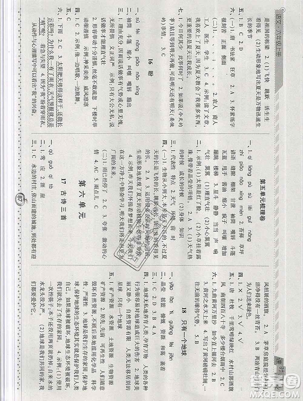 2019年秋人教版經(jīng)綸學(xué)典課時(shí)作業(yè)六年級(jí)語文上冊(cè)答案