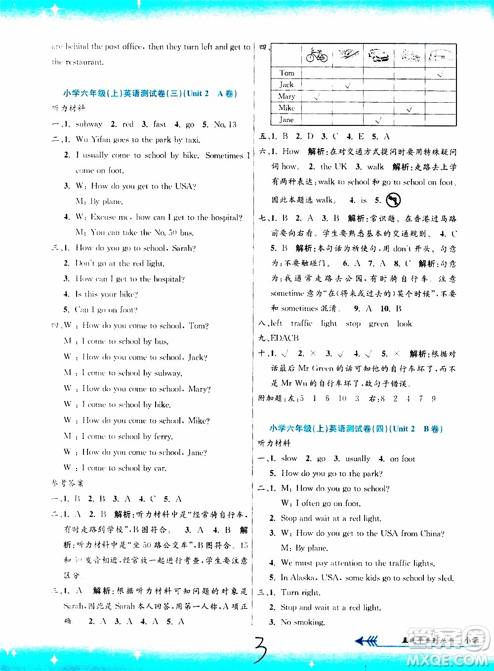 孟建平系列叢書(shū)2019年小學(xué)單元測(cè)試英語(yǔ)六年級(jí)上冊(cè)R人教版參考答案