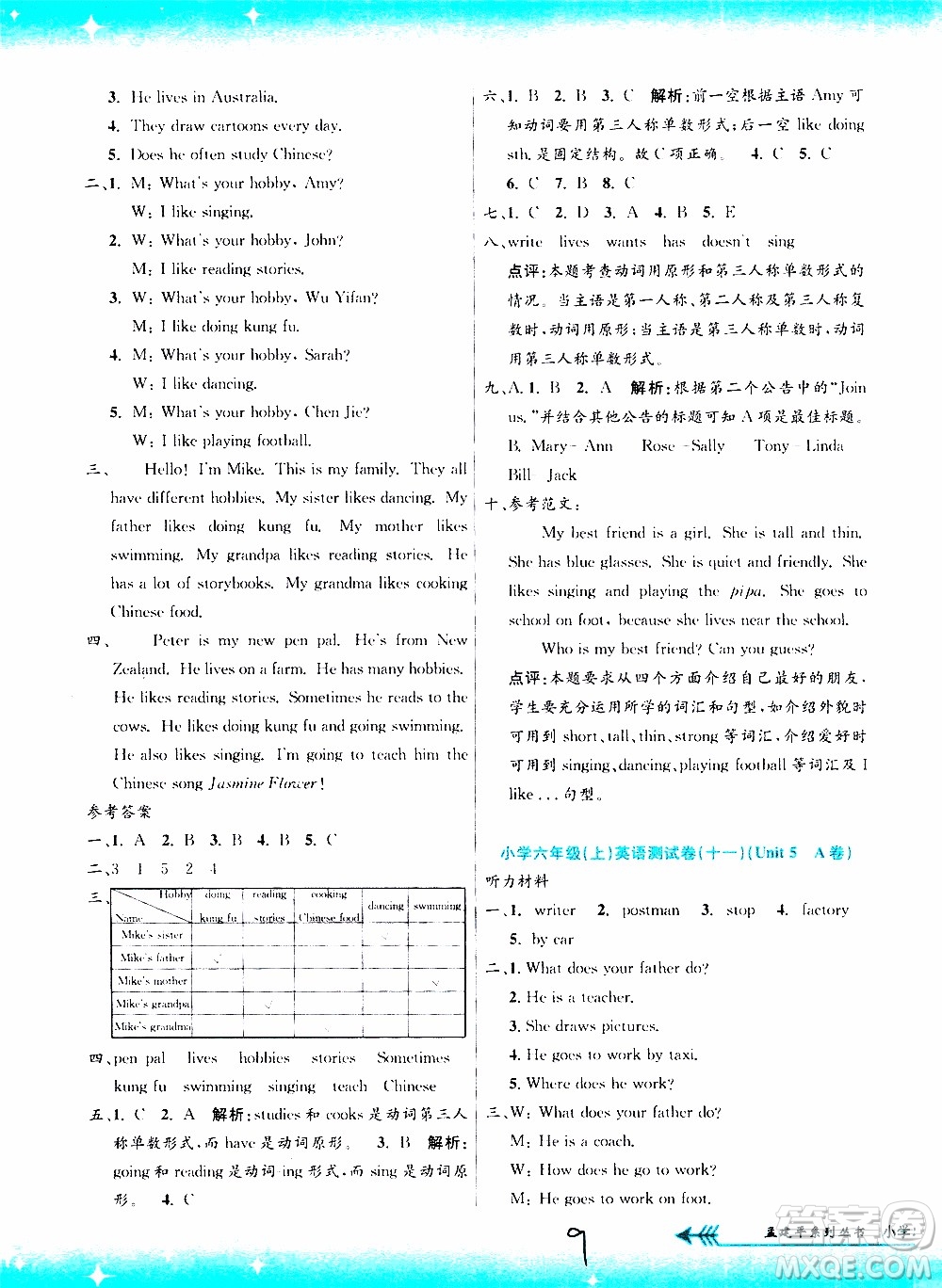 孟建平系列叢書(shū)2019年小學(xué)單元測(cè)試英語(yǔ)六年級(jí)上冊(cè)R人教版參考答案