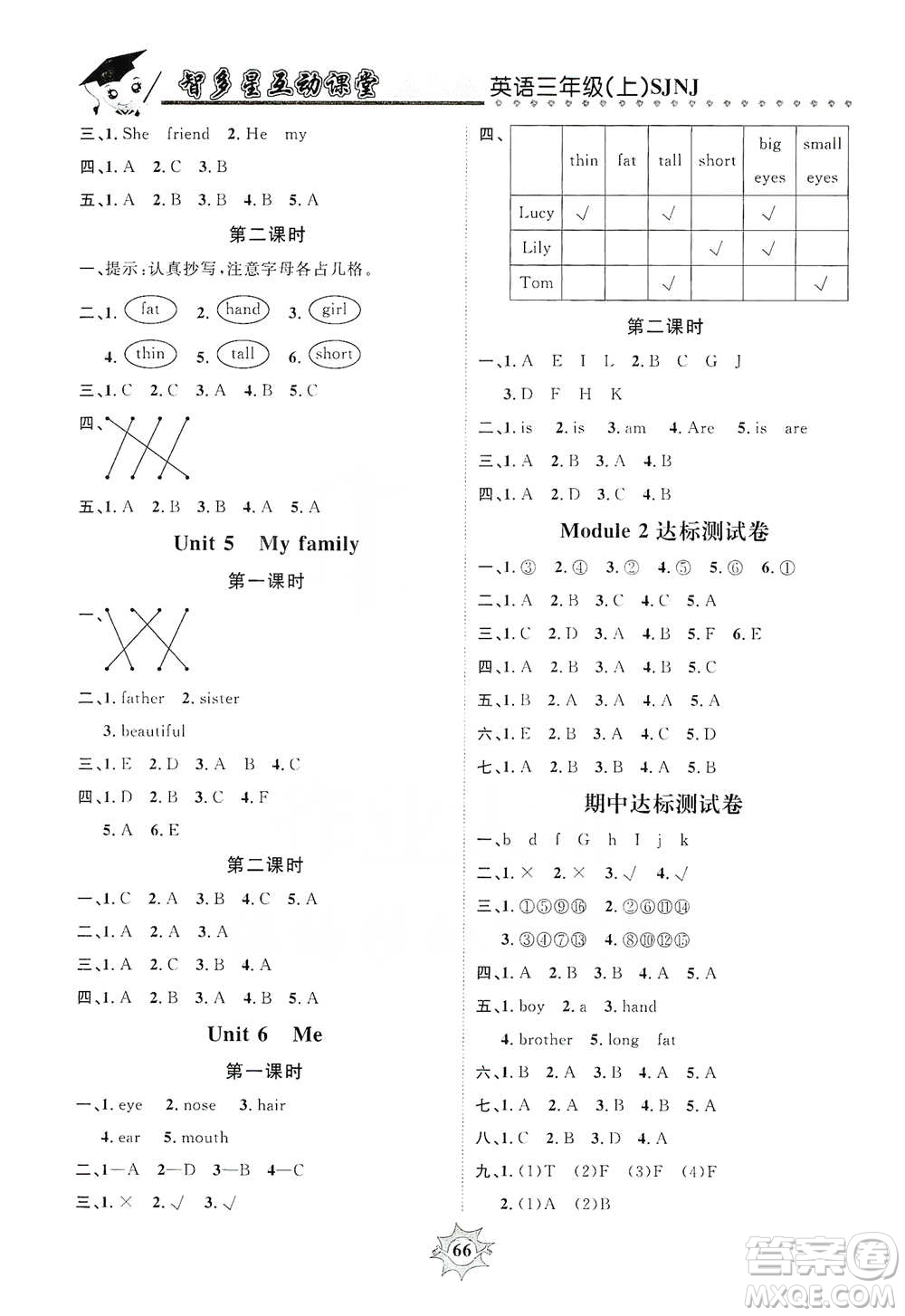 沈陽出版社2019智多星互動(dòng)課堂三年級(jí)英語上冊SJNJ版答案