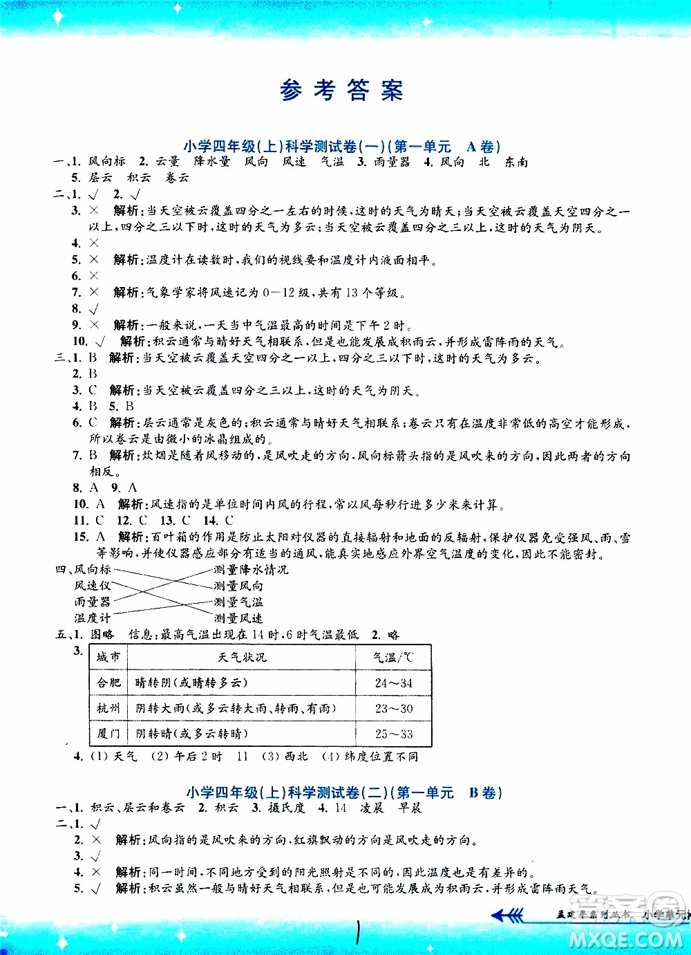 孟建平系列叢書2019年小學(xué)單元測試科學(xué)四年級上冊J教科版參考答案