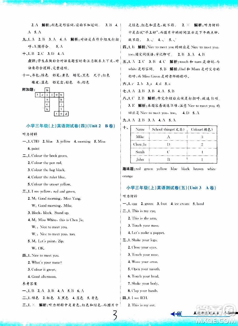 孟建平系列叢書2019年小學單元測試英語三年級上冊R人教版參考答案