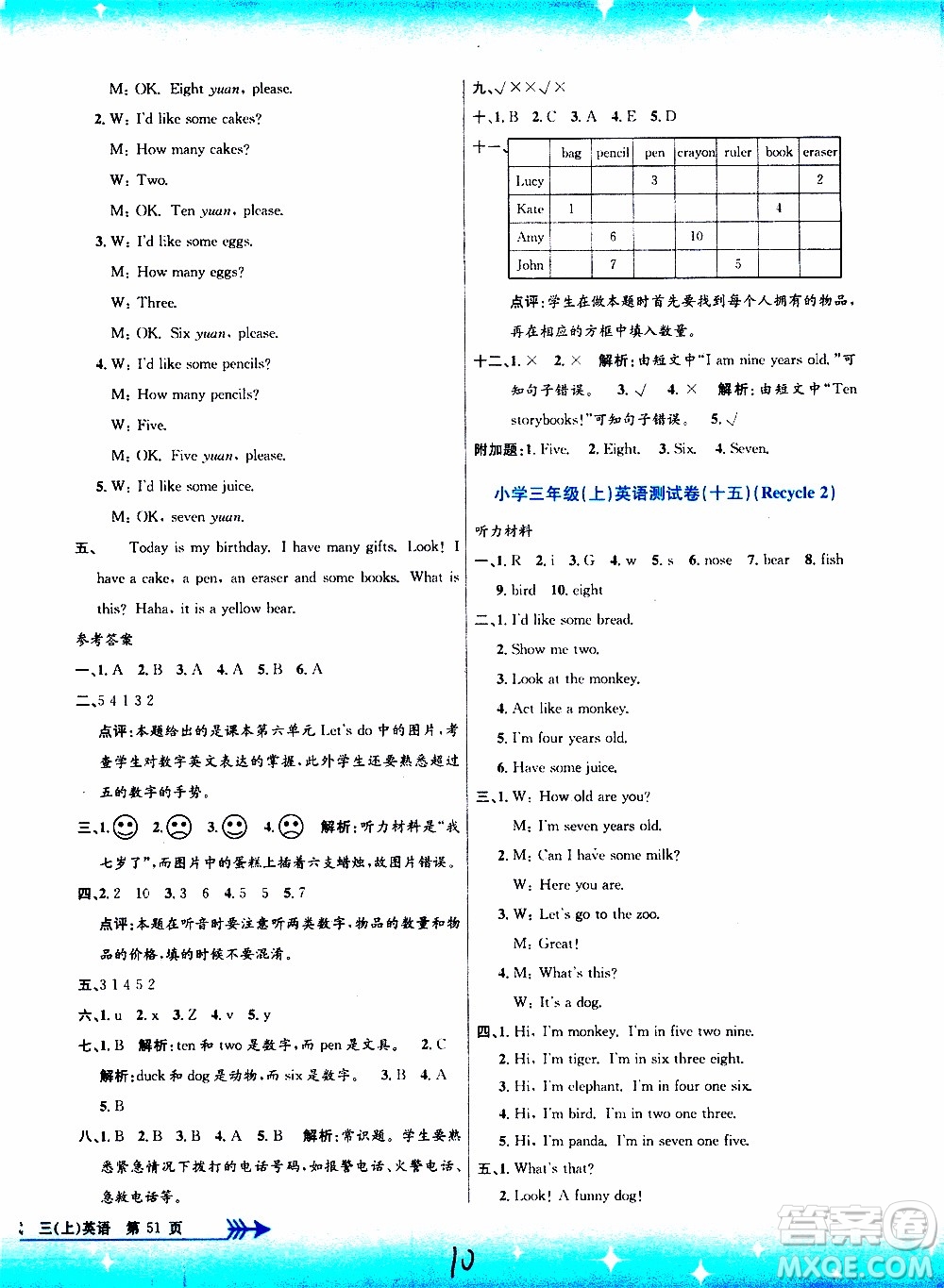 孟建平系列叢書2019年小學單元測試英語三年級上冊R人教版參考答案