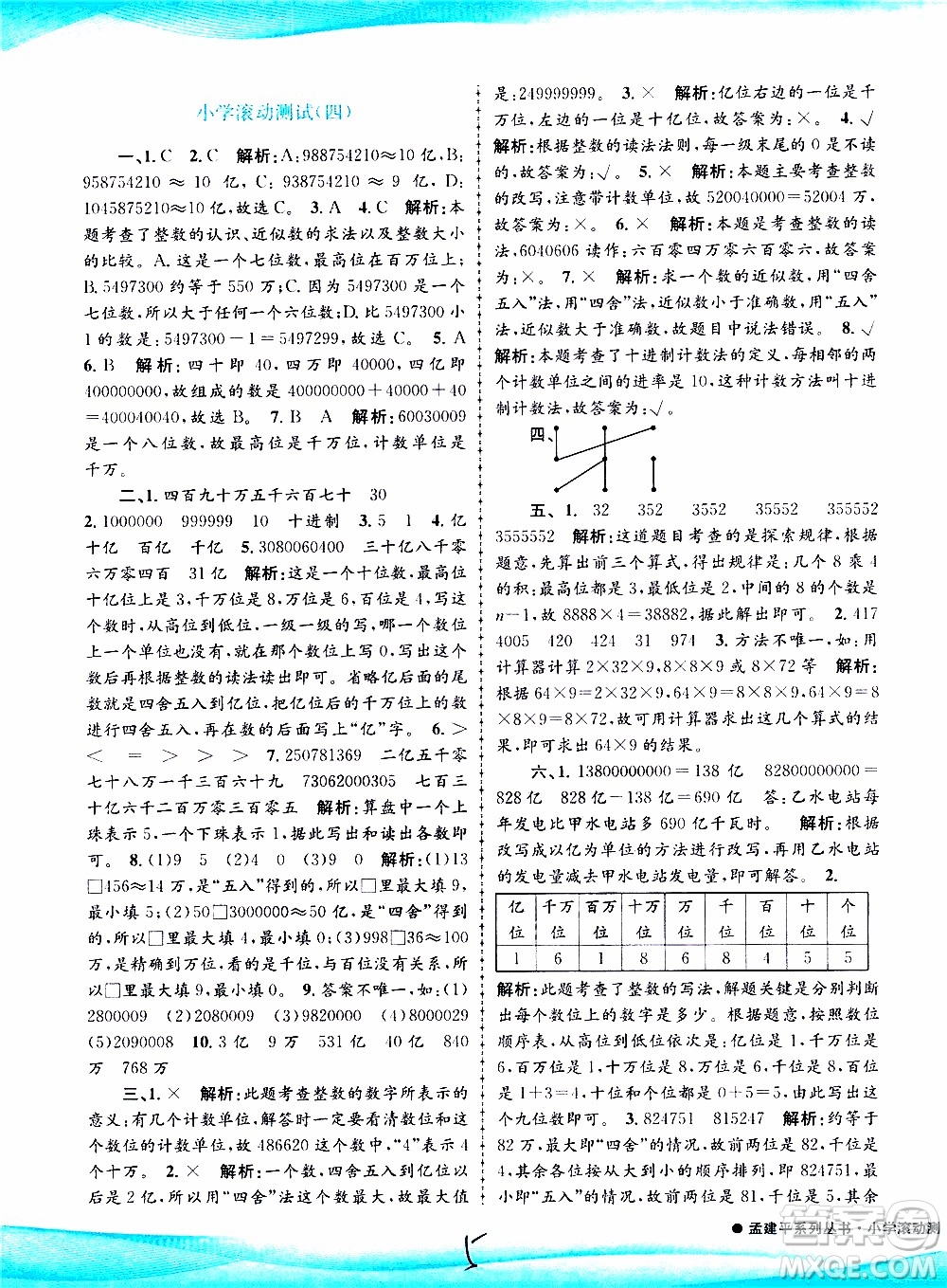 孟建平系列叢書2019年小學滾動測試數(shù)學四年級上冊R人教版參考答案