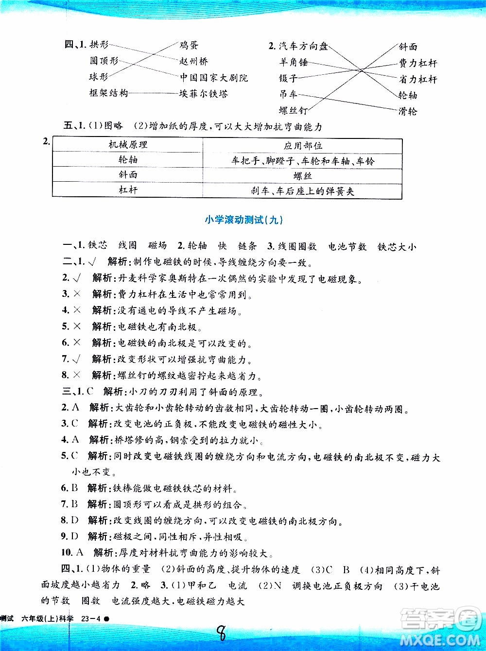 孟建平系列叢書2019年小學滾動測試科學六年級上冊J教科版參考答案