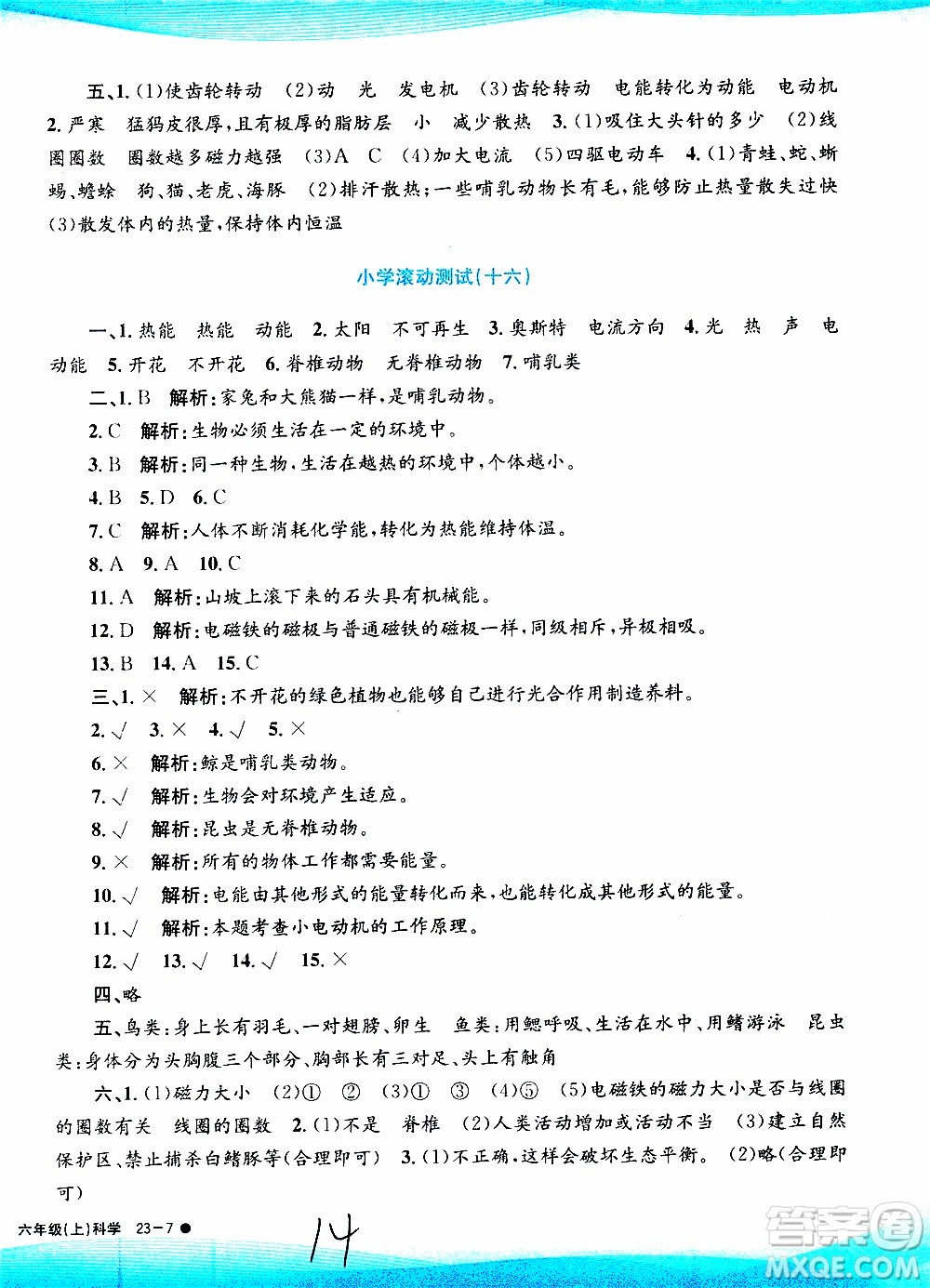 孟建平系列叢書2019年小學滾動測試科學六年級上冊J教科版參考答案