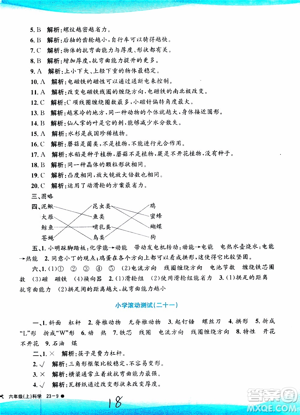 孟建平系列叢書2019年小學滾動測試科學六年級上冊J教科版參考答案