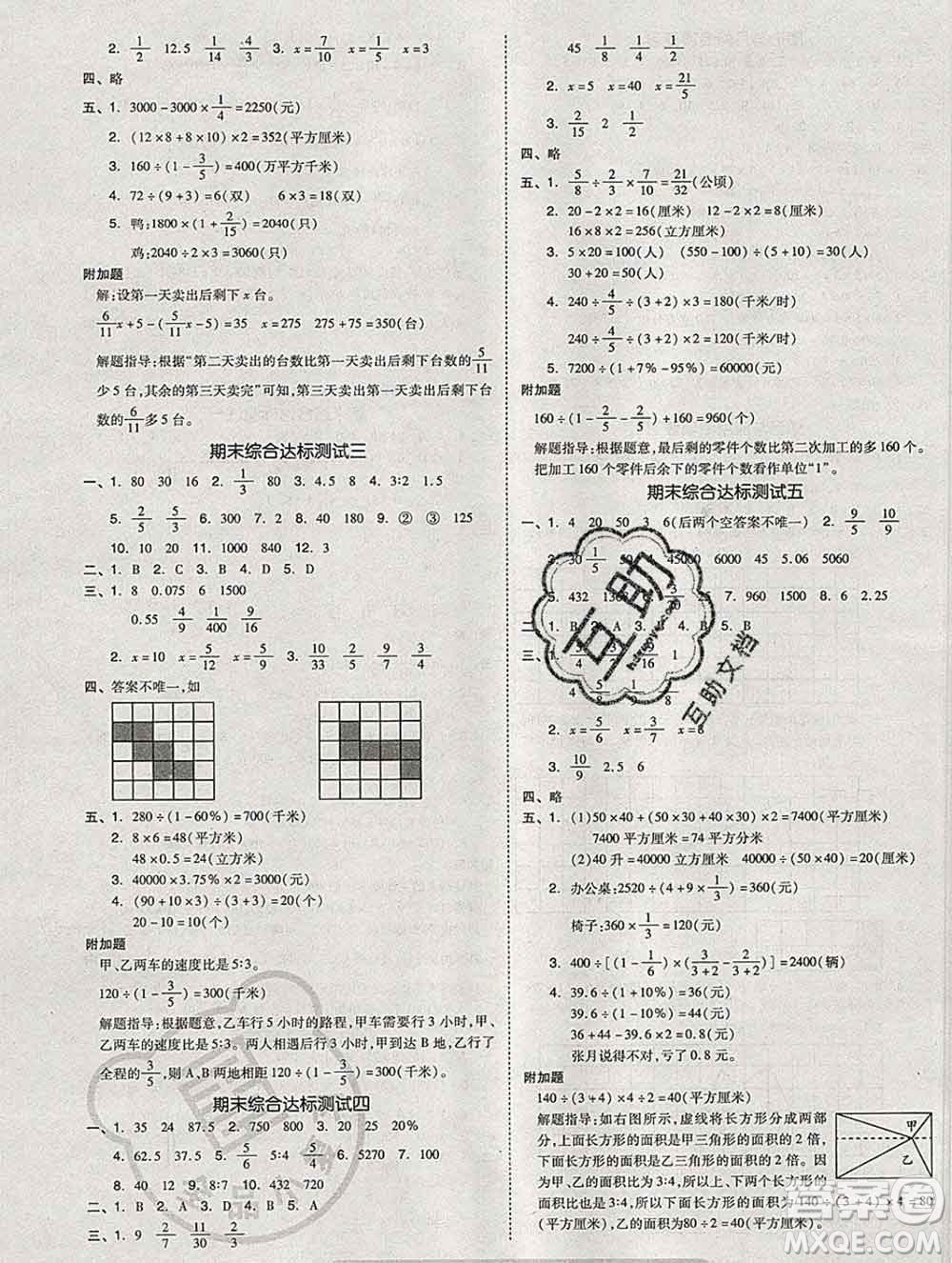 全品小復(fù)習(xí)小學(xué)數(shù)學(xué)六年級(jí)上冊(cè)蘇教版2019秋新版答案