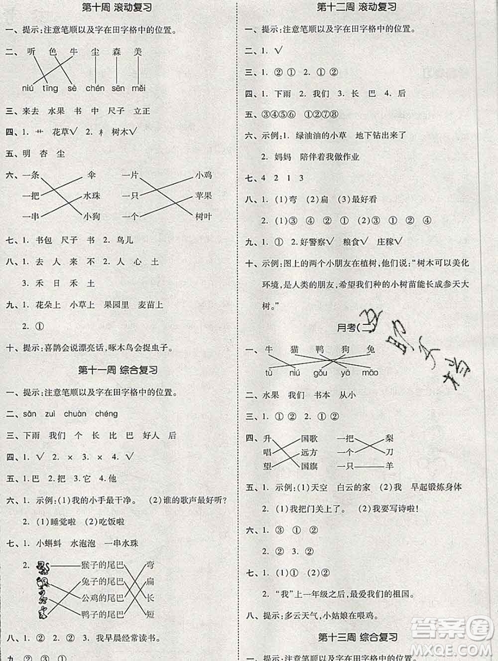全品小復(fù)習(xí)小學(xué)語(yǔ)文一年級(jí)上冊(cè)人教版2019秋新版答案