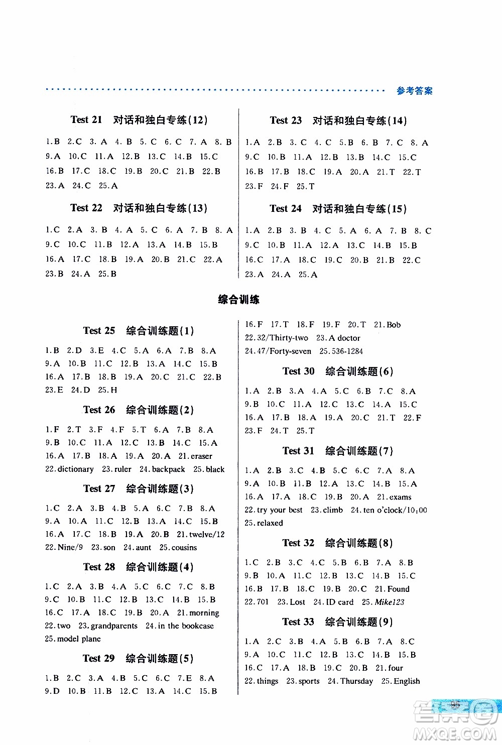 2019年哈佛英語聽力理解巧學(xué)精練七年級上參考答案