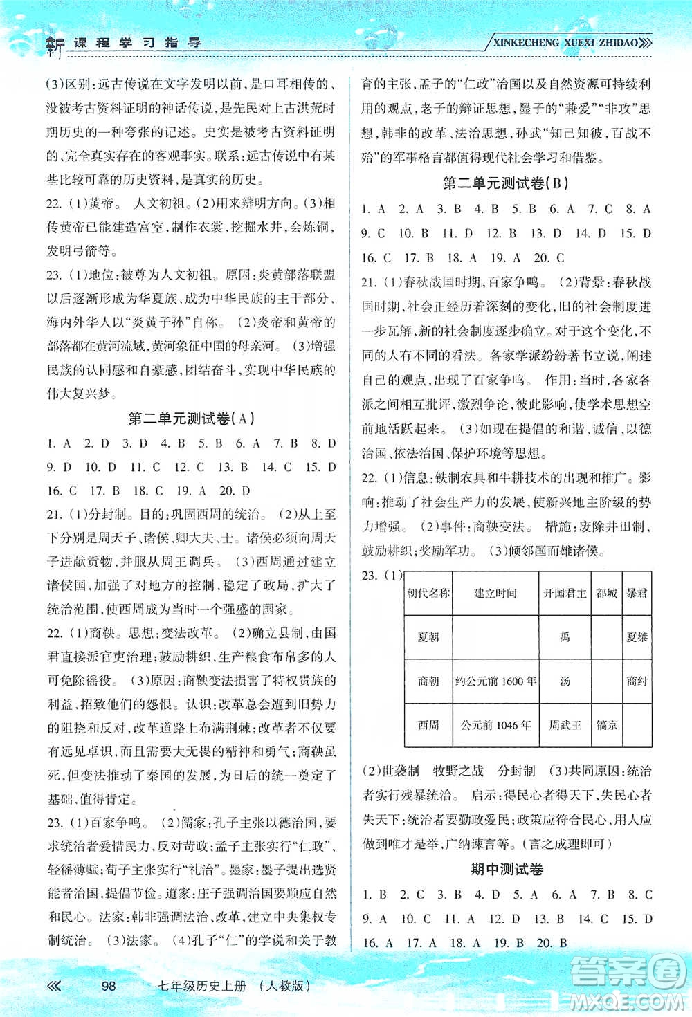 南方出版社2019新課程學習指導七年級歷史上冊人教版答案