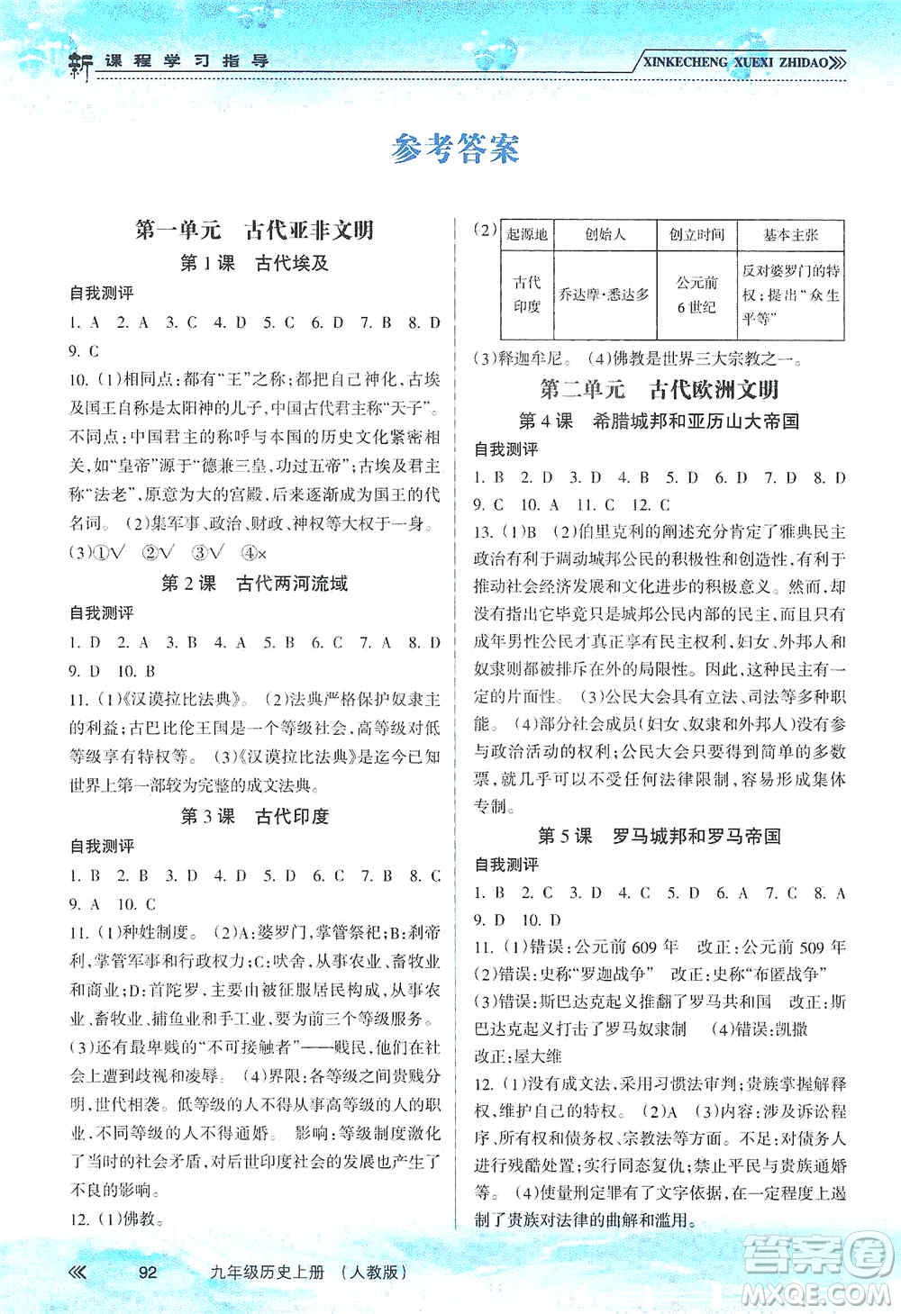 南方出版社2019新課程學(xué)習(xí)指導(dǎo)九年級歷史上冊人教版答案