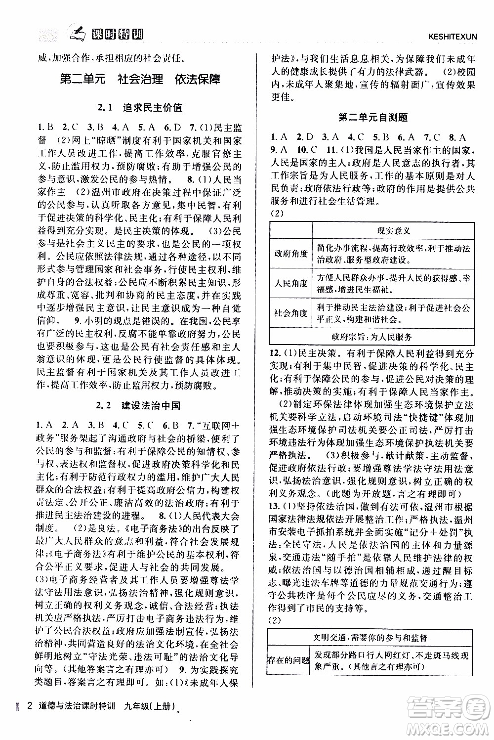 2019年浙江新課程三維目標(biāo)測(cè)評(píng)課時(shí)特訓(xùn)道德與法治九年級(jí)上冊(cè)參考答案