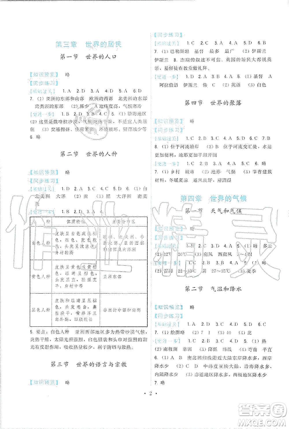福建人民出版社2019頂尖課課練七年級(jí)地理上冊(cè)湘教版答案