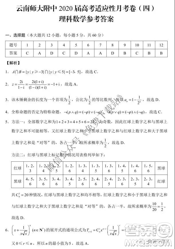 云南師大附中2020屆高考適應性月考卷四理科數(shù)學試題及答案