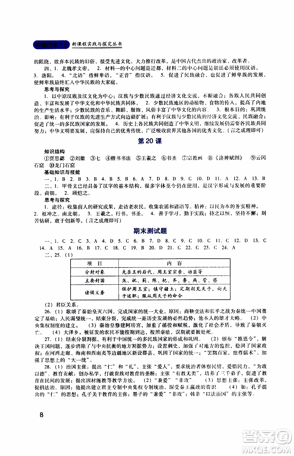 2019年新課程實(shí)踐與探究叢書歷史七年級(jí)上冊人教版參考答案