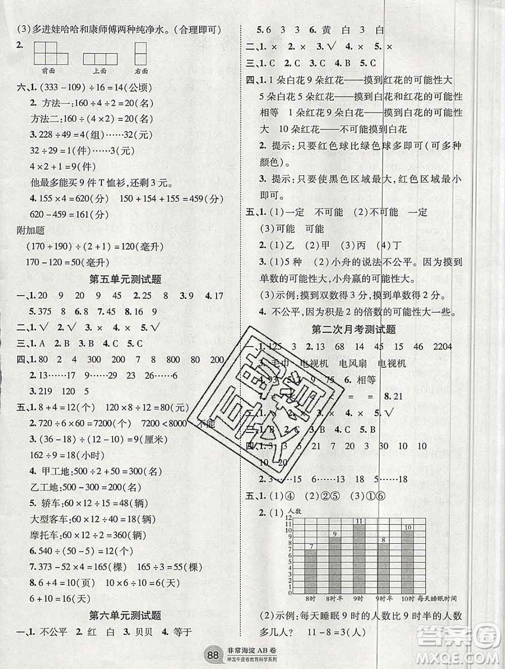 2019秋非常海淀單元測(cè)試AB卷四年級(jí)數(shù)學(xué)上冊(cè)蘇教版答案