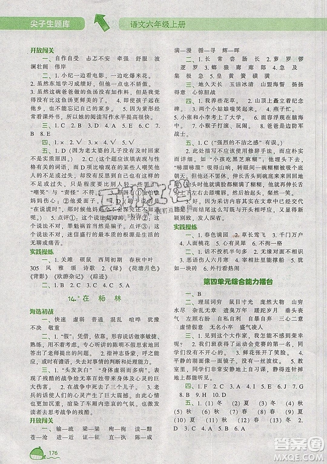 2019年尖子生題庫(kù)語(yǔ)文六年級(jí)上冊(cè)部編人教版參考答案