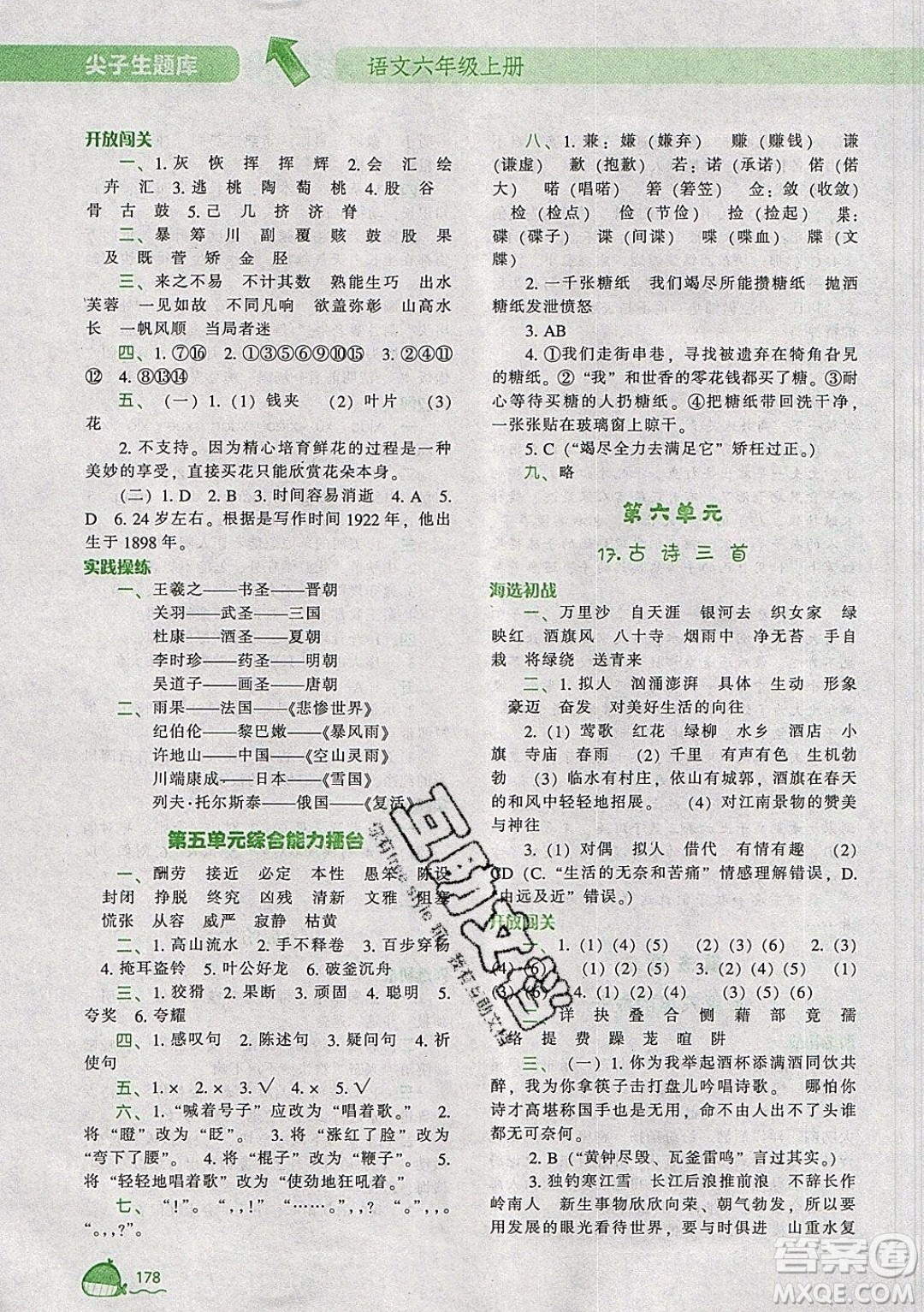 2019年尖子生題庫(kù)語(yǔ)文六年級(jí)上冊(cè)部編人教版參考答案
