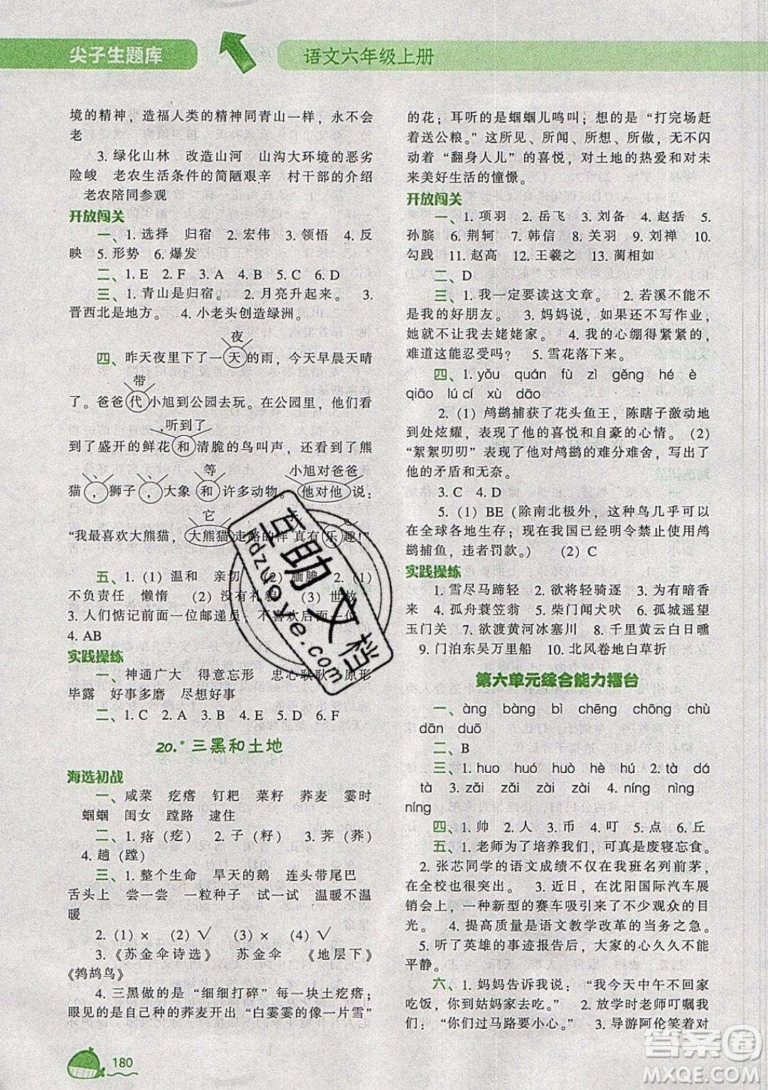 2019年尖子生題庫(kù)語(yǔ)文六年級(jí)上冊(cè)部編人教版參考答案